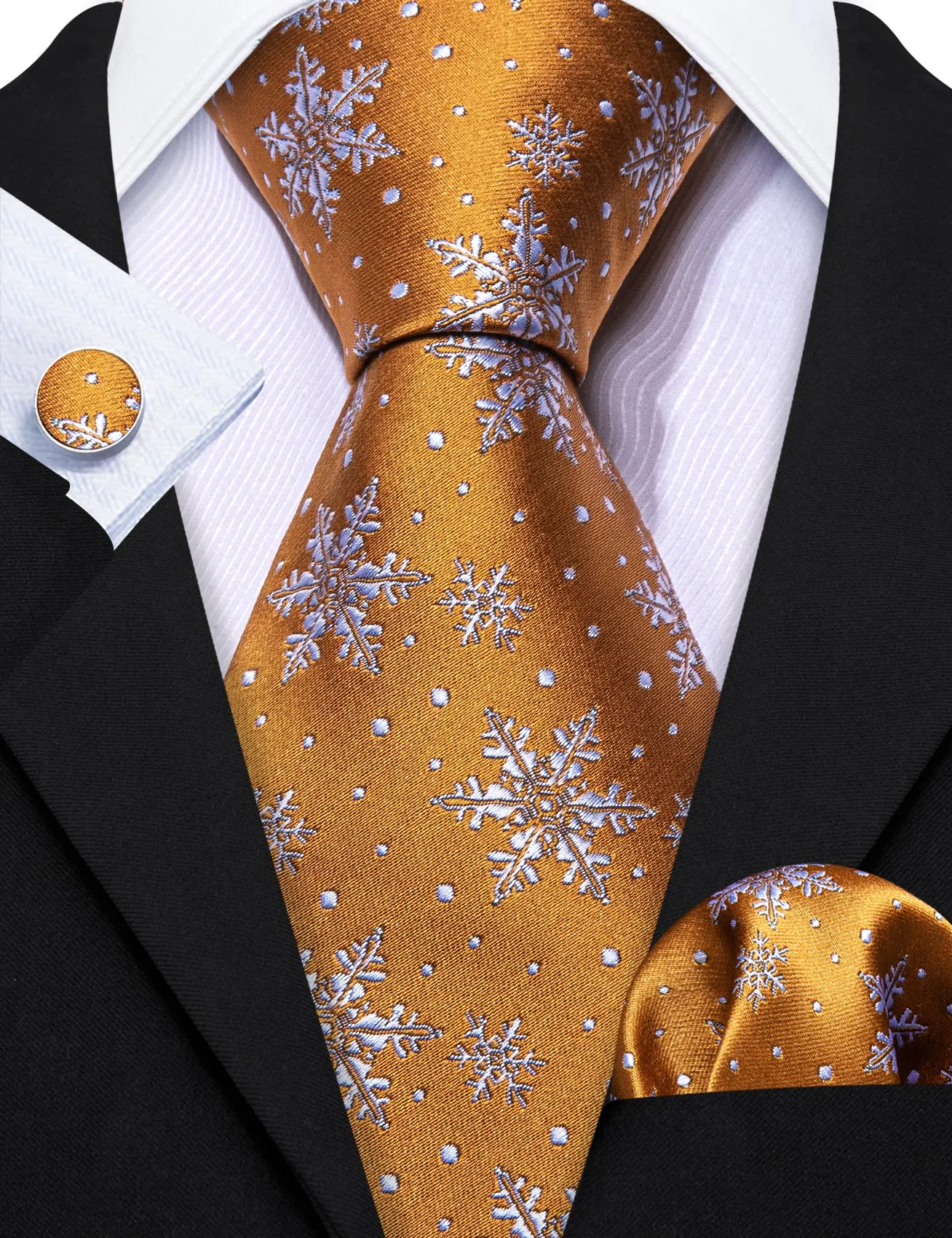 Barry Wang Christmas Tie Orange White Snowflake Tie Hanky Cufflink Set sold by Barrywang product image thumbnail 3