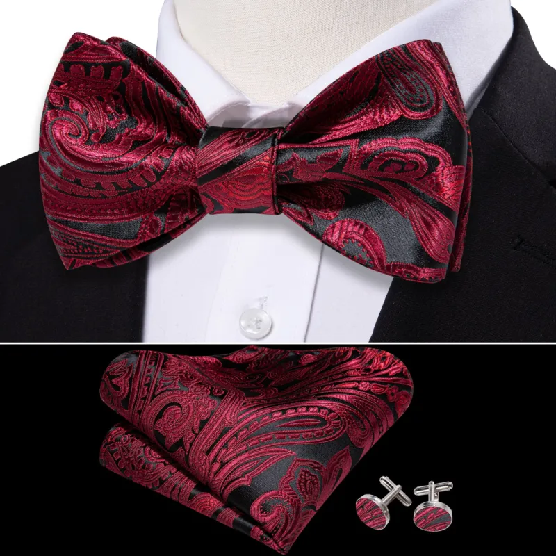 Barry Wang Black Red Paisley Self Tie Bow Tie Hanky Cufflinks Set sold by Barrywang
