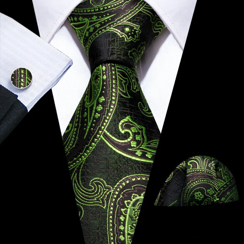 Barry Wang Green Brown Paisley Silk Tie Handkerchief Cufflinks Set sold by Barrywang