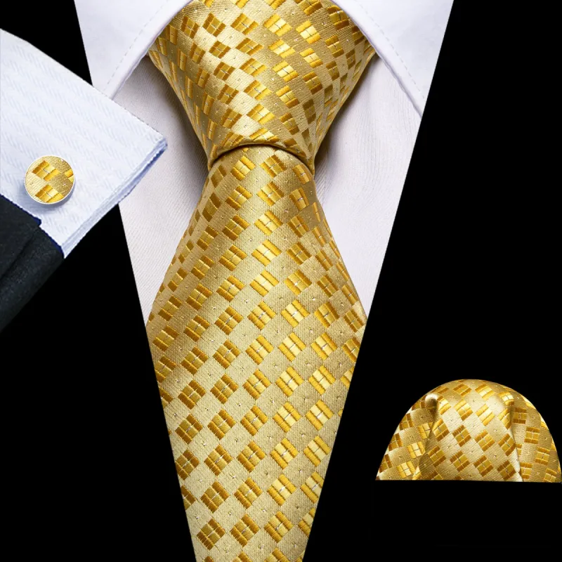 Barry. Wang Novelty Gold Plaid Silk Men Tie Pocket Square Cufflinks Set sold by Barrywang