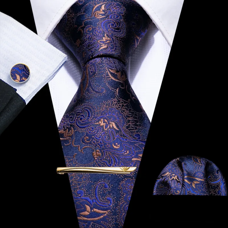 Barry. Wang MidnightBlue Tie 4PCS Paisley Silk Tie Set with Metal Clip sold by Barrywang