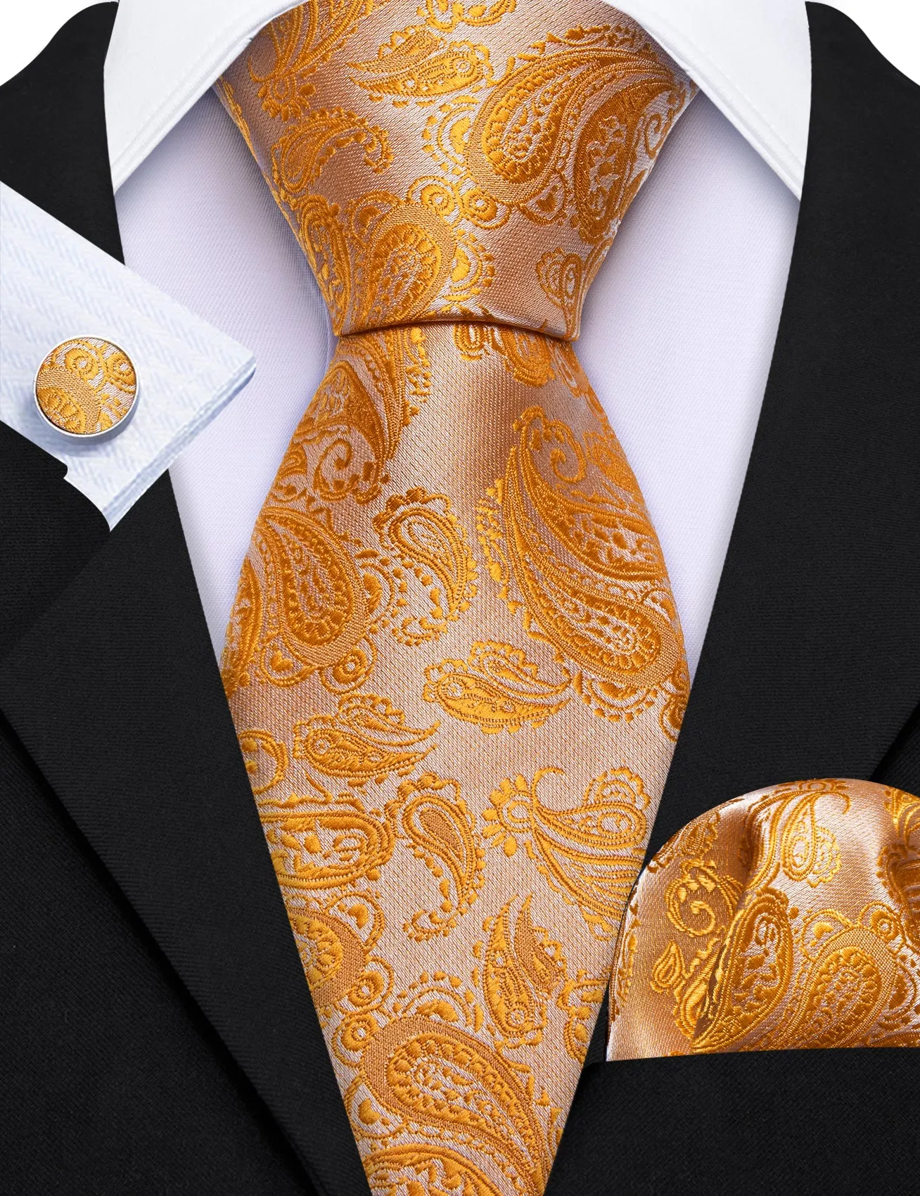 Barry Wang Orange Paisley 63 Inches Extra Long Tie Hanky Cufflinks Set sold by Barrywang product image thumbnail 2