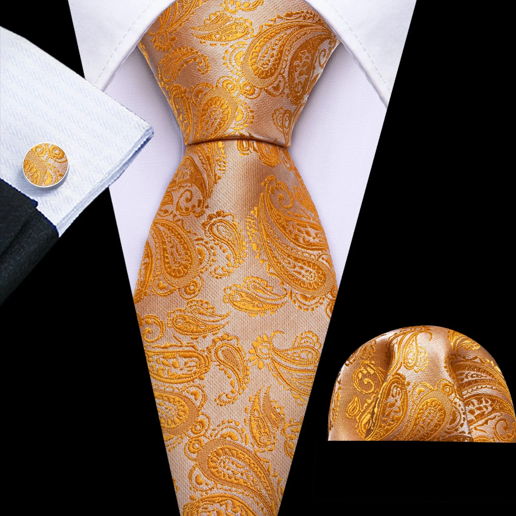 Barry Wang Orange Paisley 63 Inches Extra Long Tie Hanky Cufflinks Set sold by Barrywang