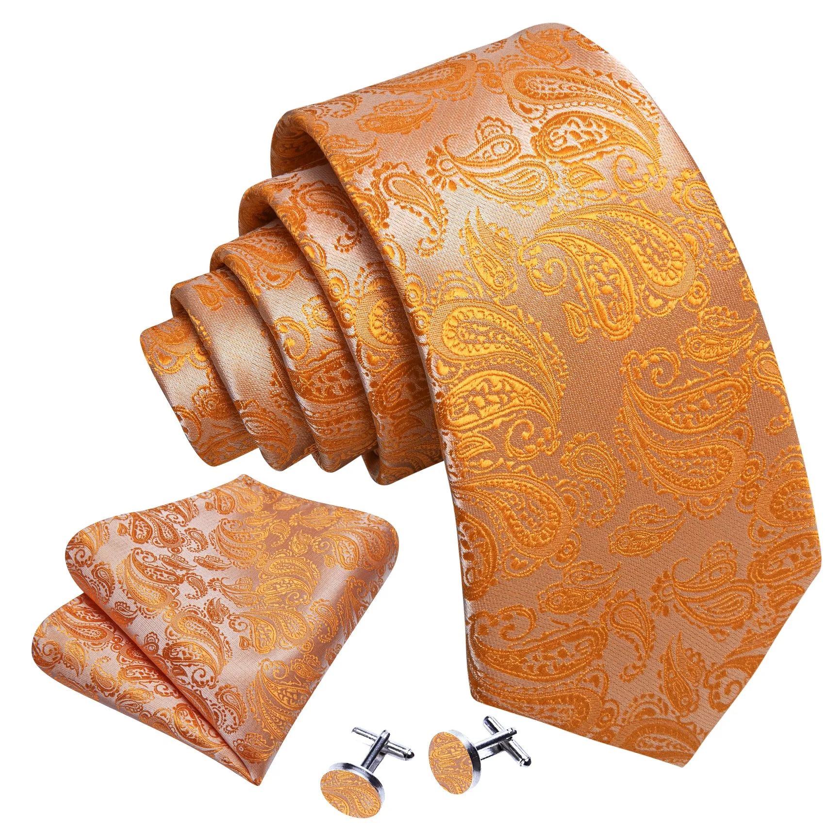 Barry Wang Orange Paisley 63 Inches Extra Long Tie Hanky Cufflinks Set sold by Barrywang product image thumbnail 4