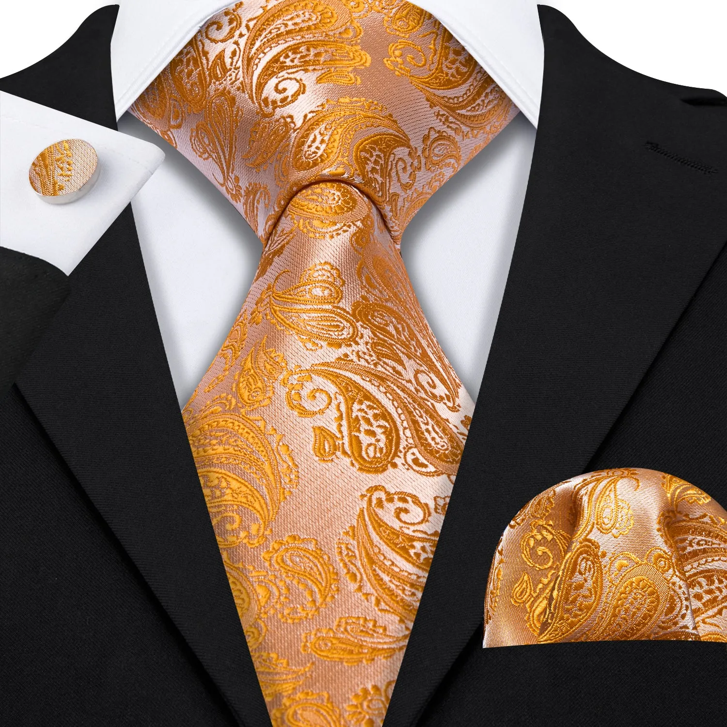 Barry Wang Orange Paisley 63 Inches Extra Long Tie Hanky Cufflinks Set sold by Barrywang product image thumbnail 5