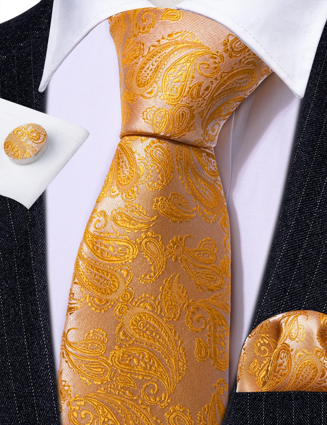 Barry Wang Orange Paisley 63 Inches Extra Long Tie Hanky Cufflinks Set sold by Barrywang product image thumbnail 3