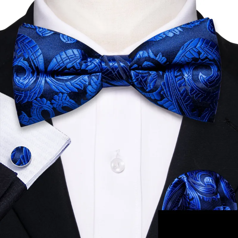 Barry. Wang Bright Blue Paisley Pre-tied Bow Tie Hanky Cufflinks Set sold by Barrywang