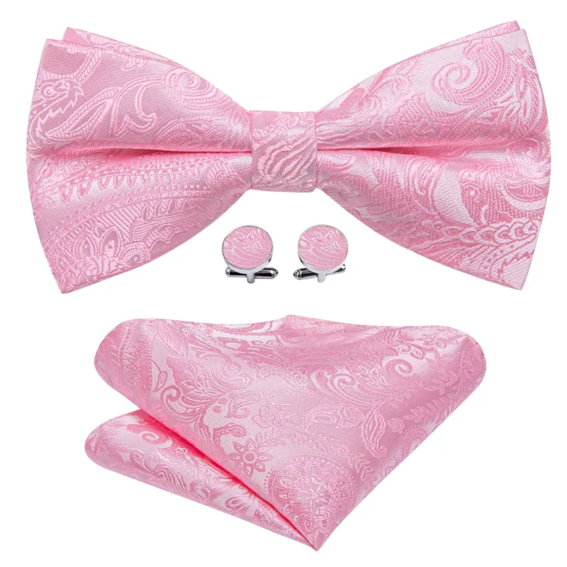 Mist Pink Paisley Pre-tied Bow Tie Hanky Cufflinks Set sold by Barrywang