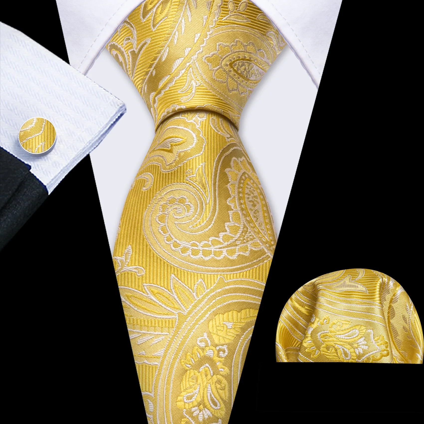 Barry Wang Gold Yellow Paisley Silk Tie Handkerchief Cufflinks Set sold by Barrywang
