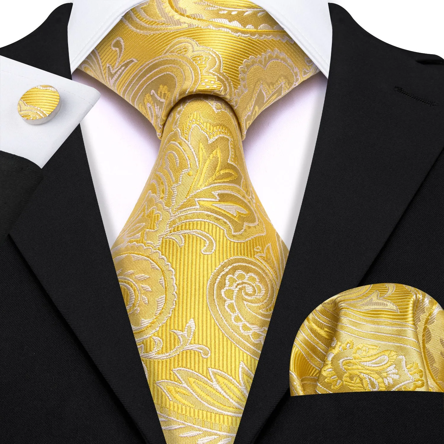 Barry Wang Gold Yellow Paisley Silk Tie Handkerchief Cufflinks Set sold by Barrywang product image thumbnail 2