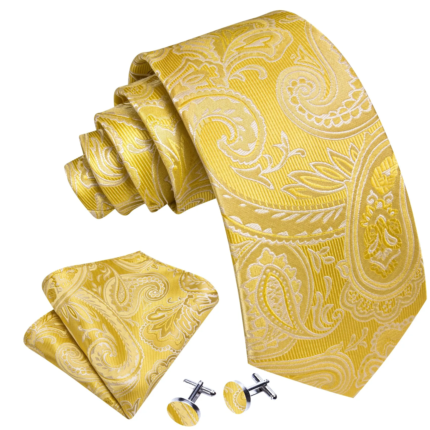 Barry Wang Gold Yellow Paisley Silk Tie Handkerchief Cufflinks Set sold by Barrywang product image thumbnail 3