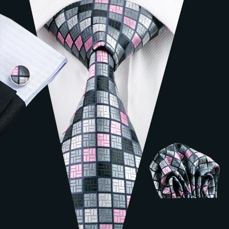 Barry. Wang Ties Pink Grey Plaid Silk Tie Pocket Square Cufflinks Set sold by Barrywang