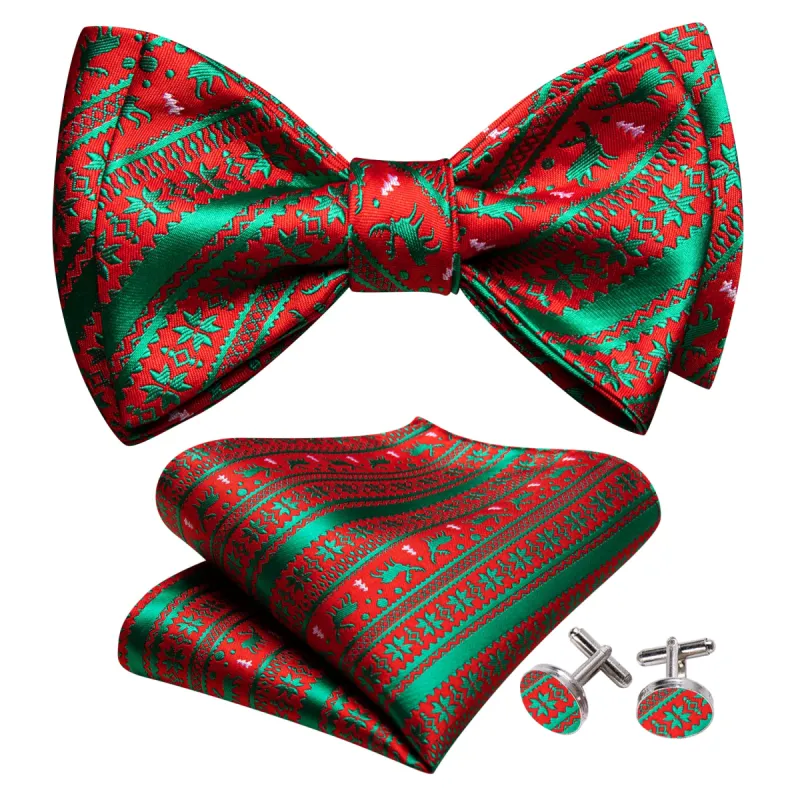 Barry Wang Christmas Green Red Xmas Elk Self Tied Bow Tie Hanky Cufflinks Set sold by Barrywang
