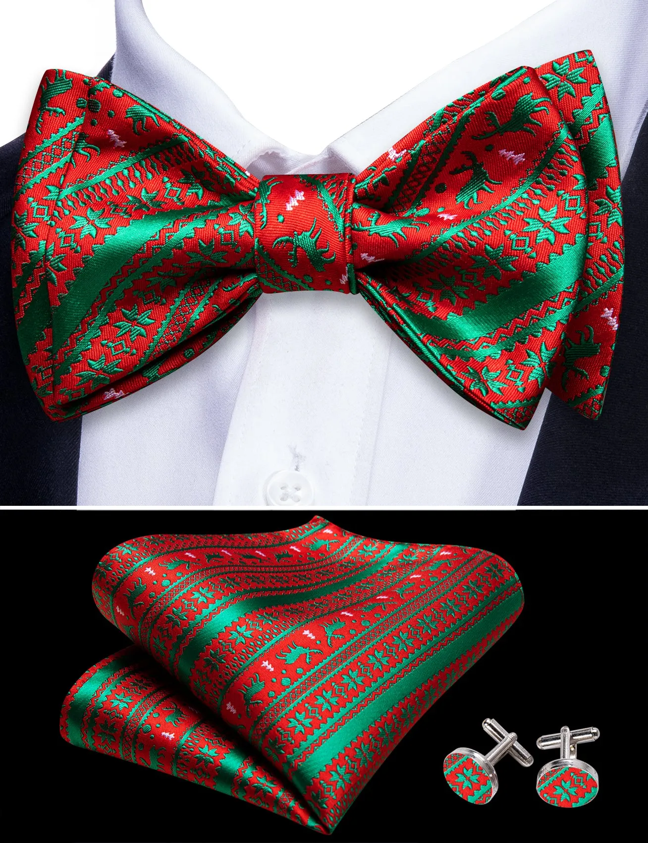 Barry Wang Christmas Green Red Xmas Elk Self Tied Bow Tie Hanky Cufflinks Set sold by Barrywang product image thumbnail 5