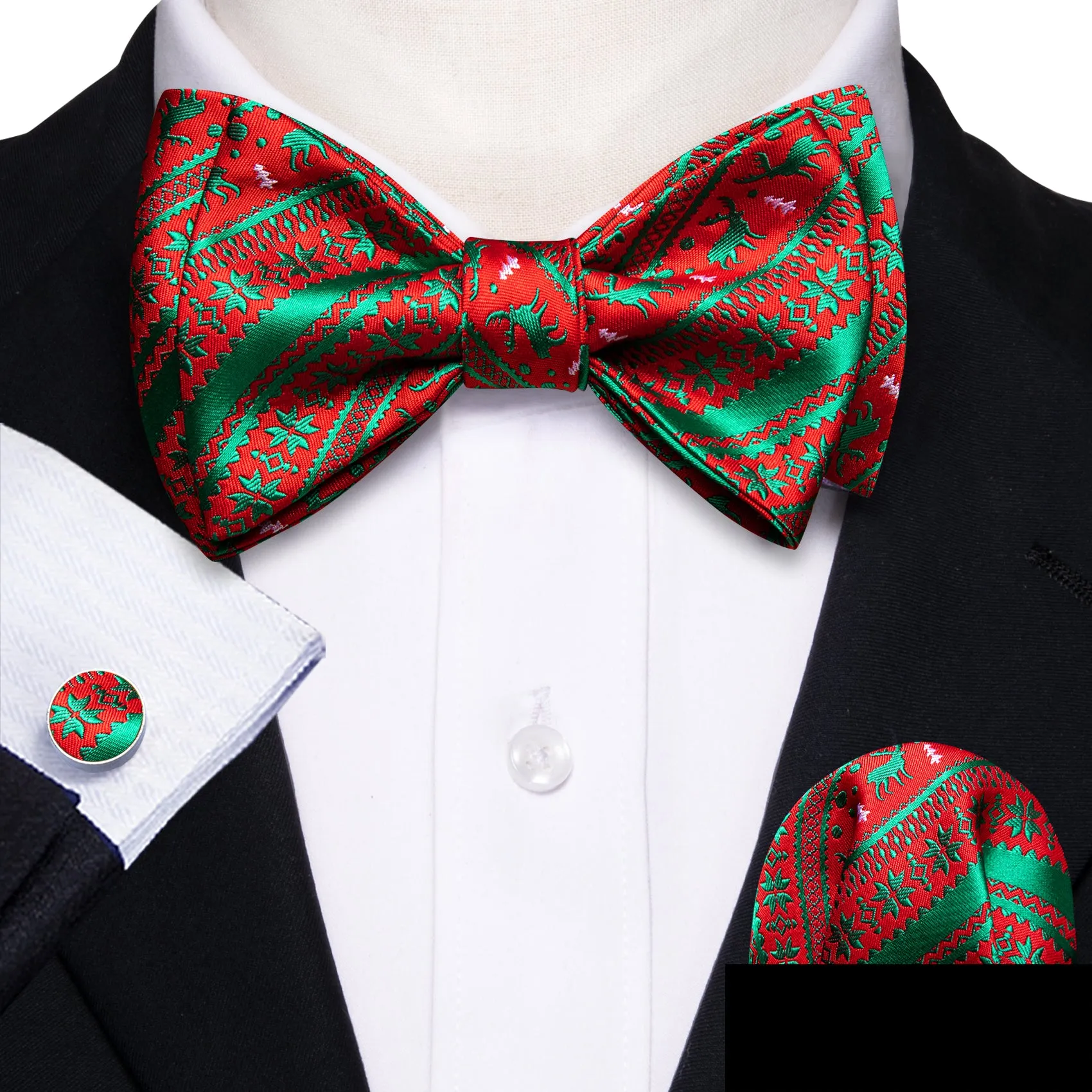 Barry Wang Christmas Green Red Xmas Elk Self Tied Bow Tie Hanky Cufflinks Set sold by Barrywang product image thumbnail 2