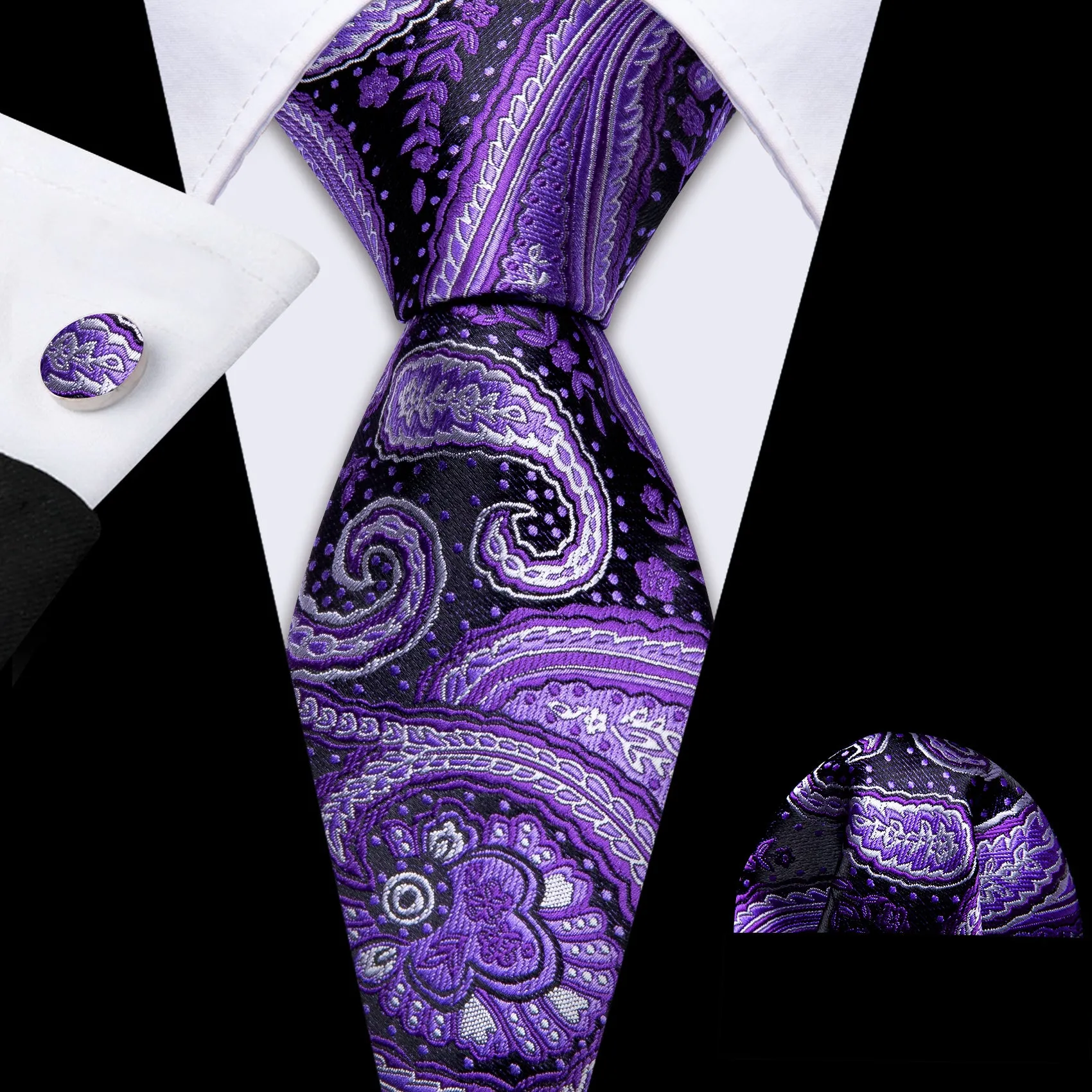 Barry Wang Purple White Paisley Silk Tie Handkerchief Cufflinks Set sold by Barrywang