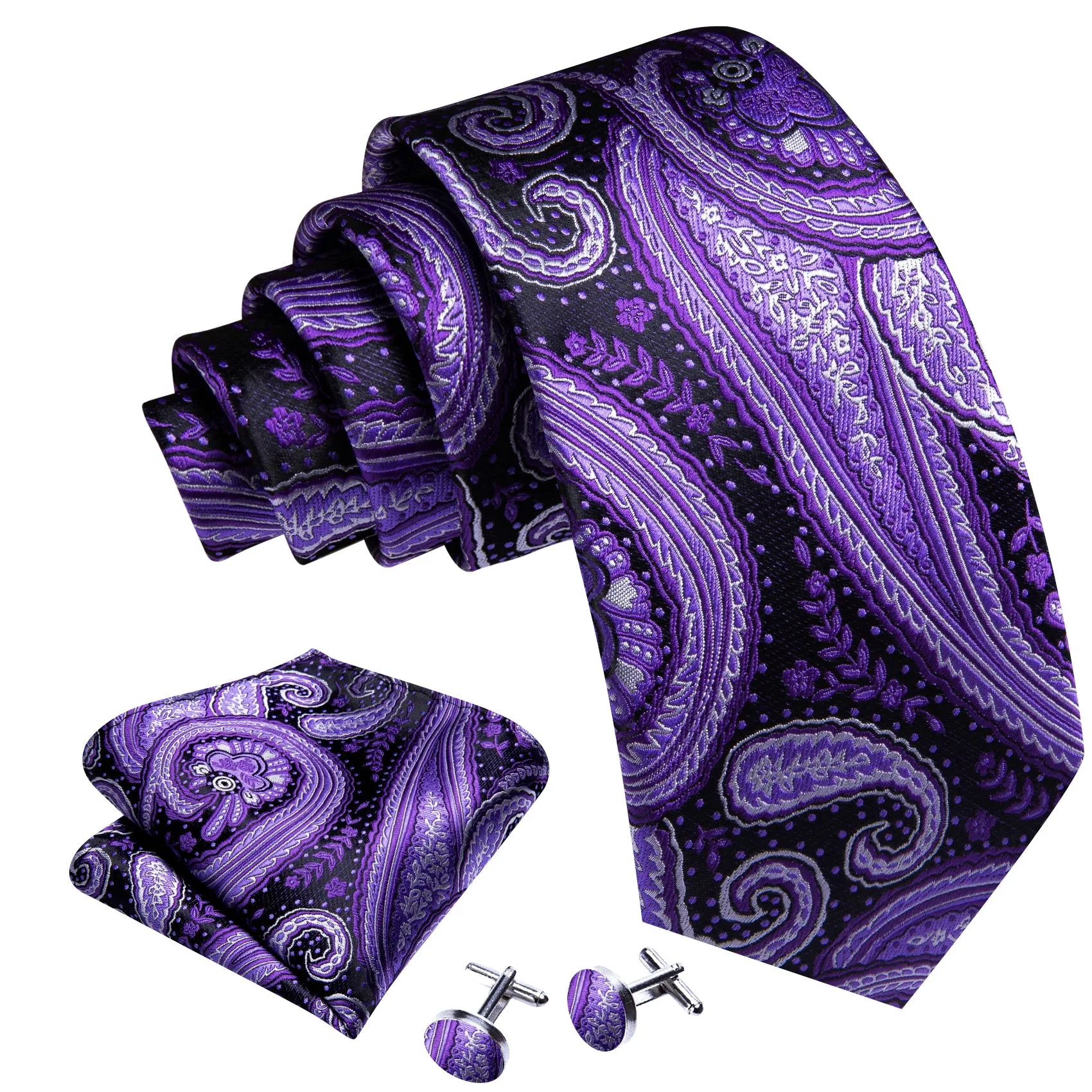 Barry Wang Purple White Paisley Silk Tie Handkerchief Cufflinks Set sold by Barrywang product image thumbnail 3