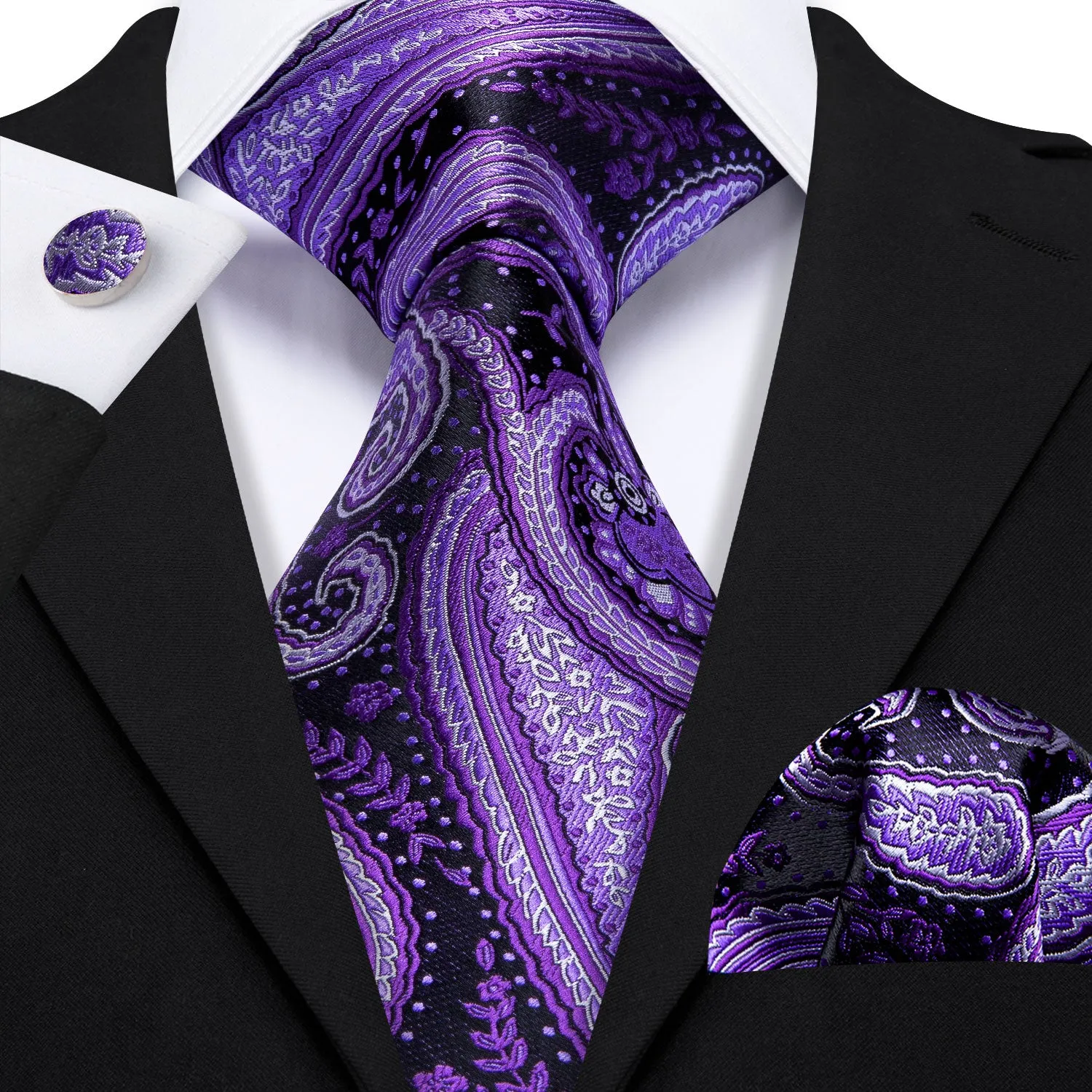Barry Wang Purple White Paisley Silk Tie Handkerchief Cufflinks Set sold by Barrywang product image thumbnail 2
