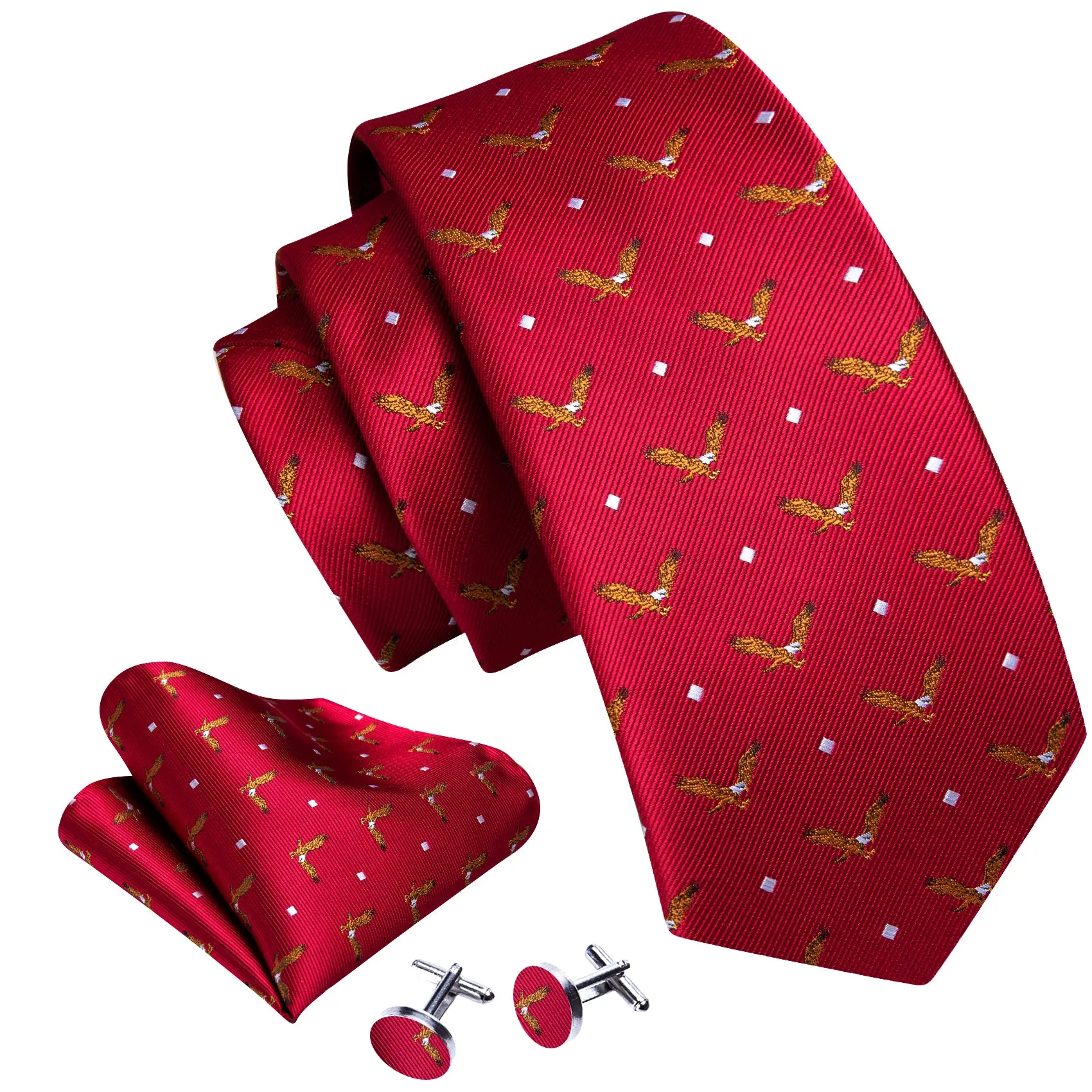 Barry Wang Red Necktie Brown Eagle Silk Tie Pocket Square Cufflink Set sold by Barrywang product image thumbnail 2