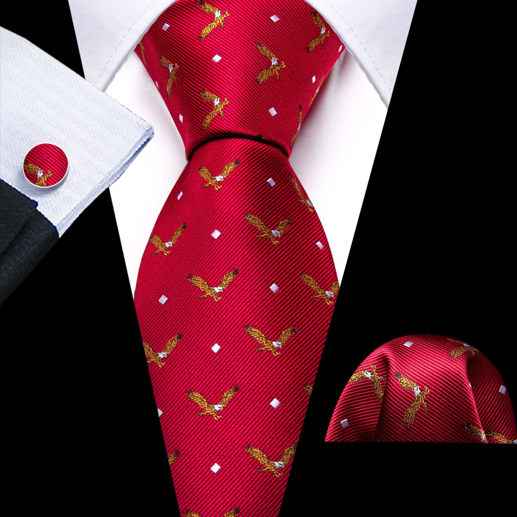 Barry Wang Red Necktie Brown Eagle Silk Tie Pocket Square Cufflink Set sold by Barrywang