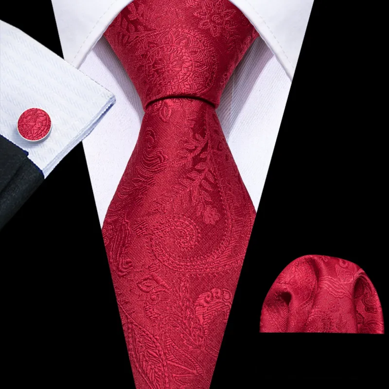 Barry Wang Red Tie Men's Paisley Silk Formal Tie Hanky Cufflinks Set sold by Barrywang