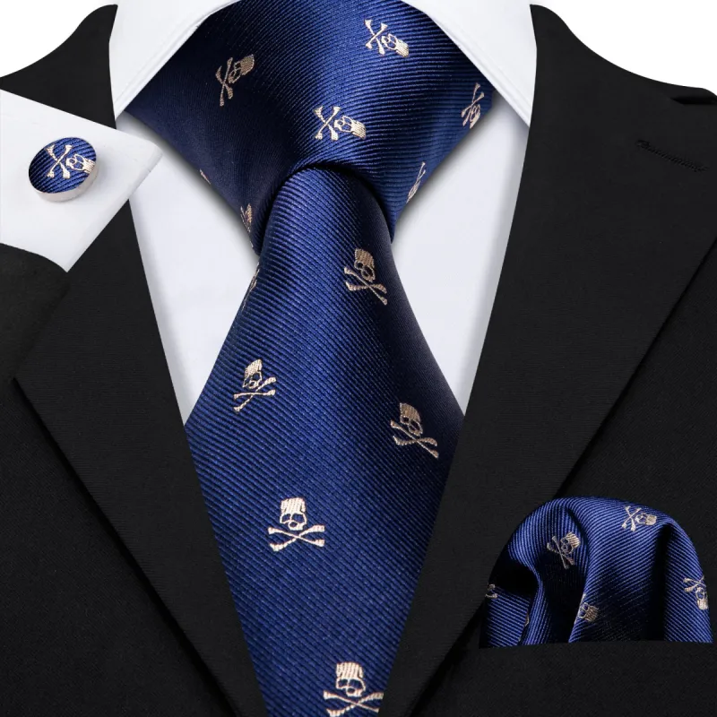 Barry Wang Blue Necktie Navy Blue Skull Men's Tie Hanky Cufflinks Set sold by Barrywang
