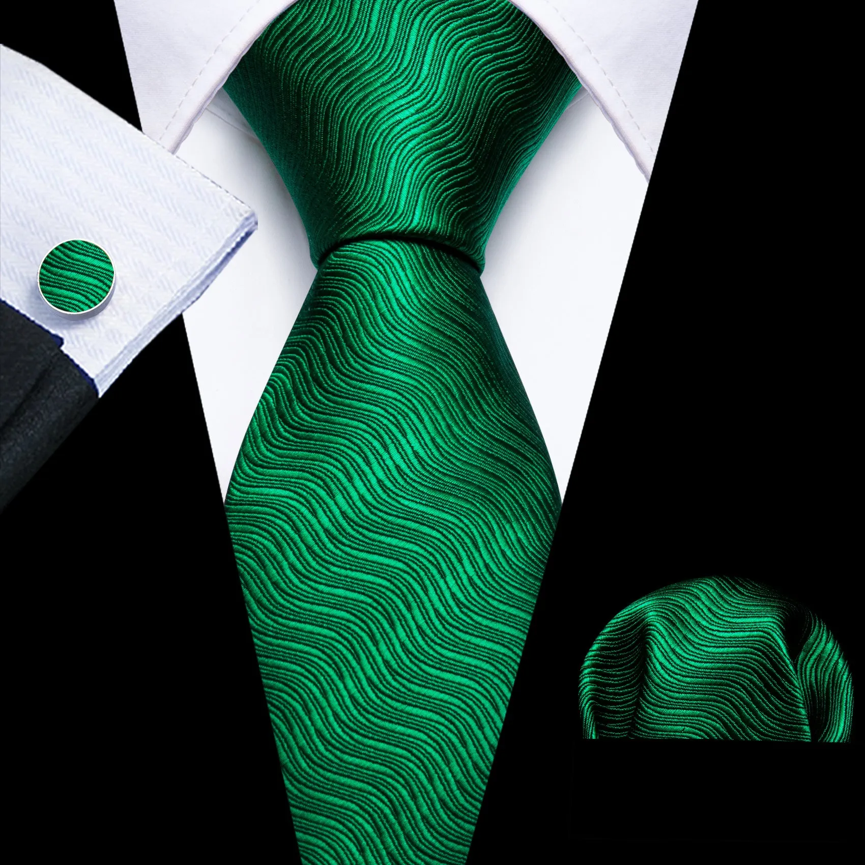 Barry Wang Dark Green Solid Silk Tie Handkerchief Cufflinks Set Formal sold by Barrywang