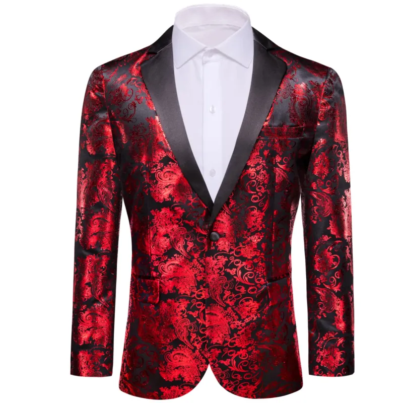 Barry Wang Men's Blazer Black Notched Lapel Silk Red Paisley Suit Top sold by Barrywang