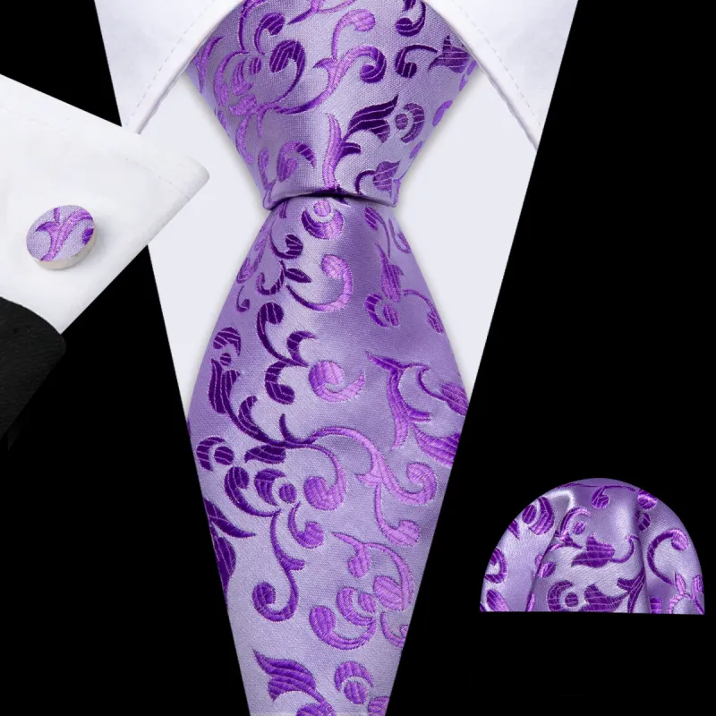 Purple Floral Silk Tie Pocket Square Cufflinks Set sold by Barrywang