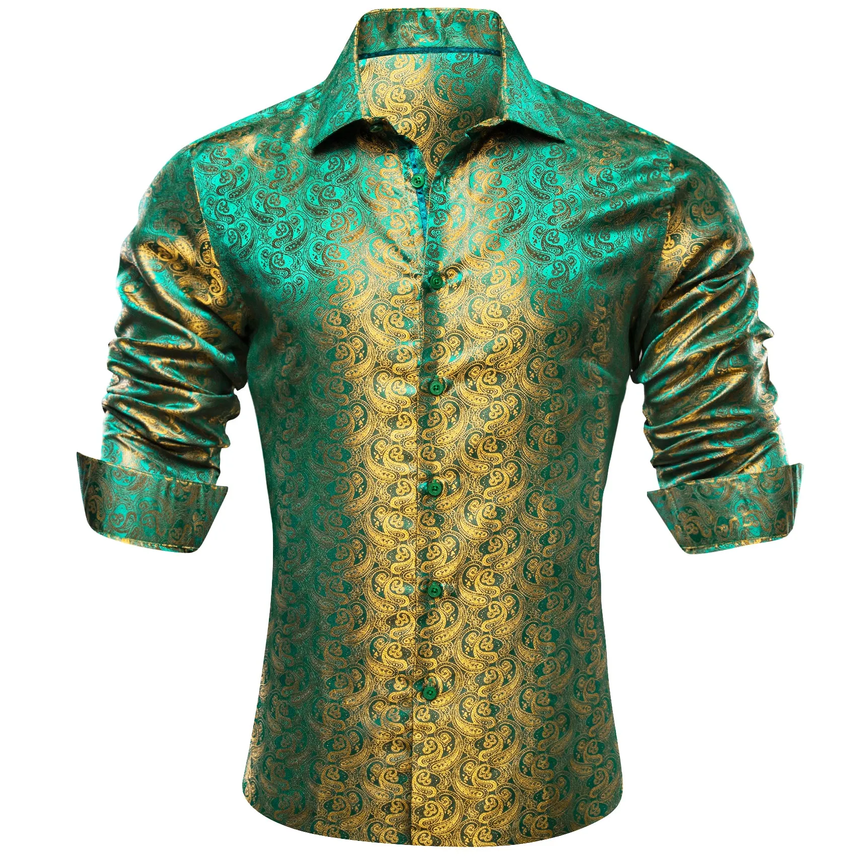 Barry Wang Long Sleeve Shirt Green Gold Paisley Silk Men's Shirt sold by Barrywang product image thumbnail 3