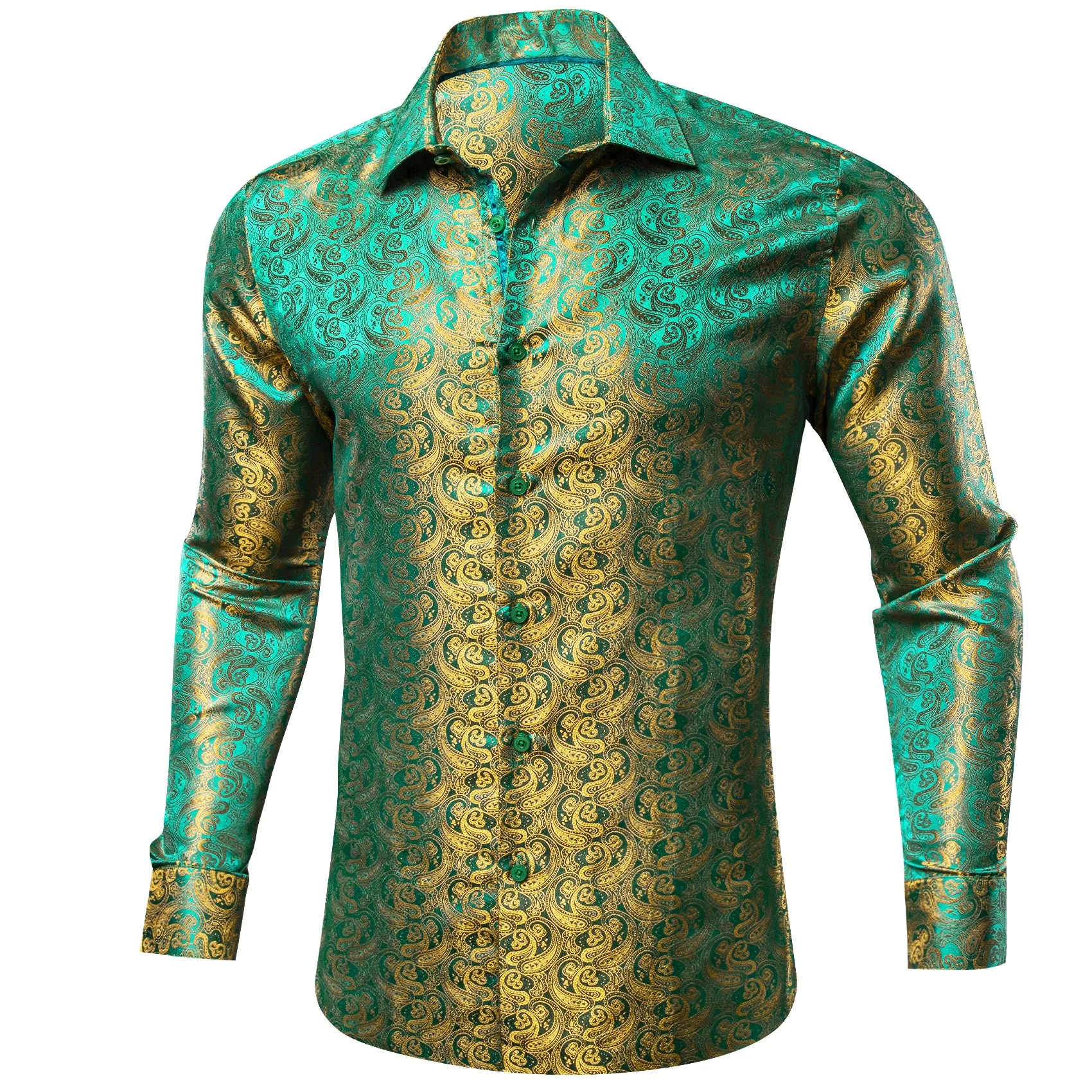 Barry Wang Long Sleeve Shirt Green Gold Paisley Silk Men's Shirt sold by Barrywang product image thumbnail 2