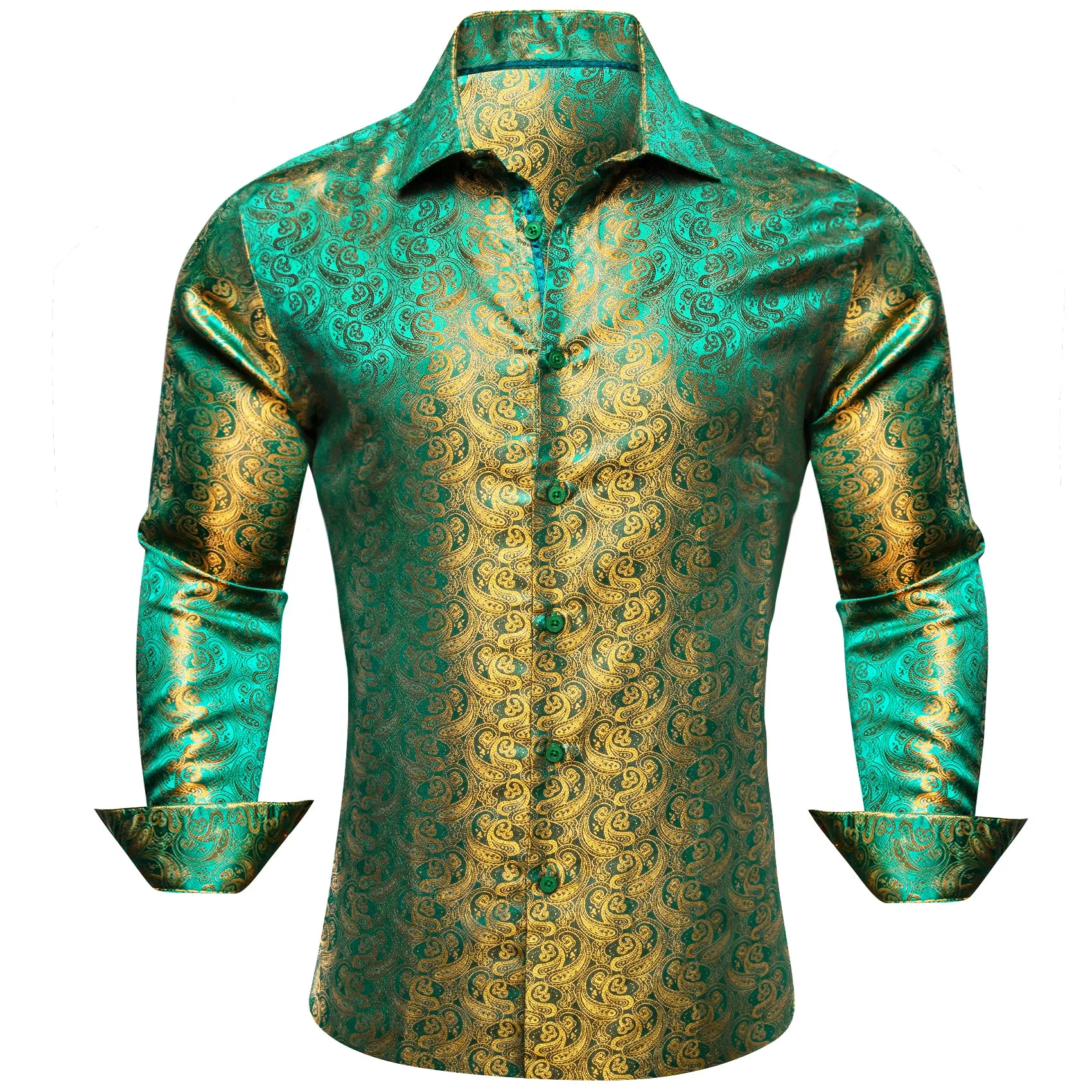 Barry Wang Long Sleeve Shirt Green Gold Paisley Silk Men's Shirt sold by Barrywang