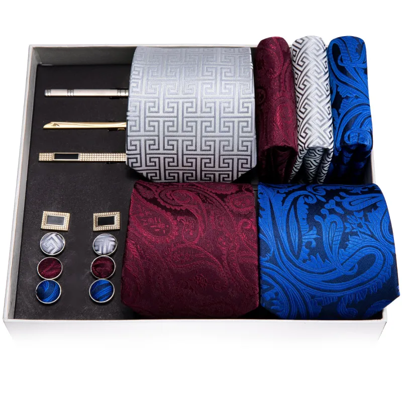 Barry. Wang Blue Burgundy Silver Paisley Silk Wedding Necktie Pocket Square Gift Box Set sold by Barrywang