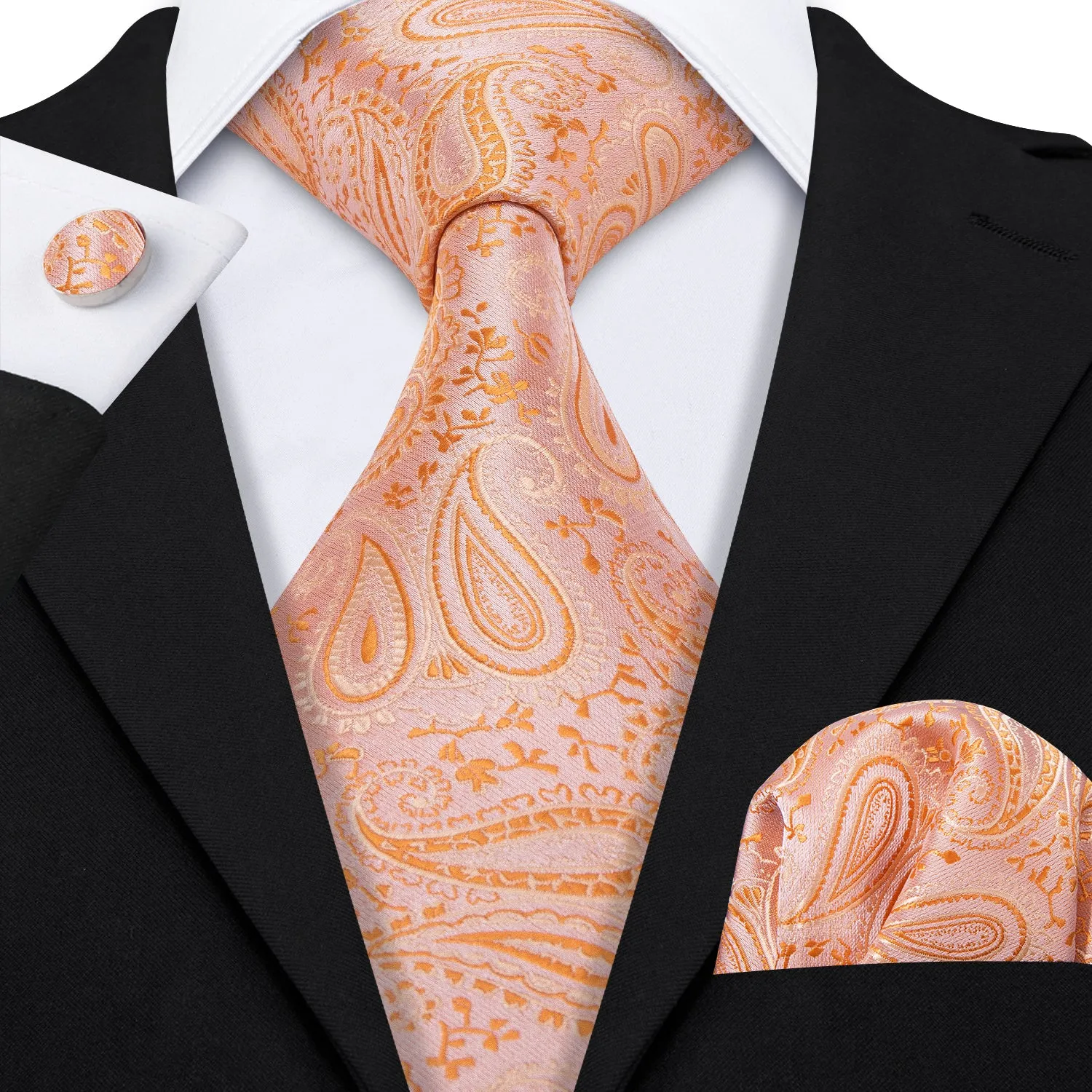 Barry. Wang Light Orange Paisley Silk Men's Tie Pocket Square Cufflinks Set sold by Barrywang