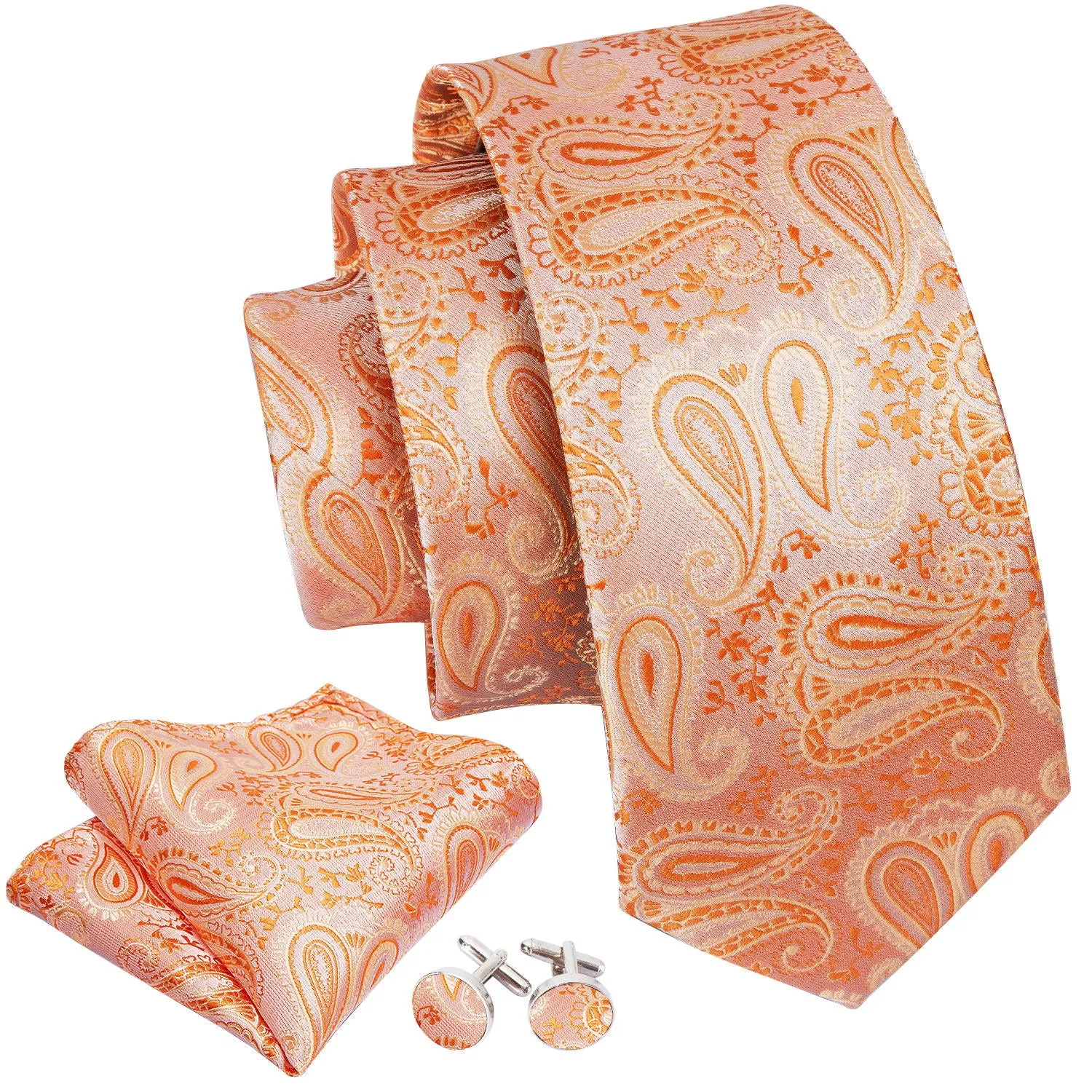 Barry. Wang Light Orange Paisley Silk Men's Tie Pocket Square Cufflinks Set sold by Barrywang product image thumbnail 3