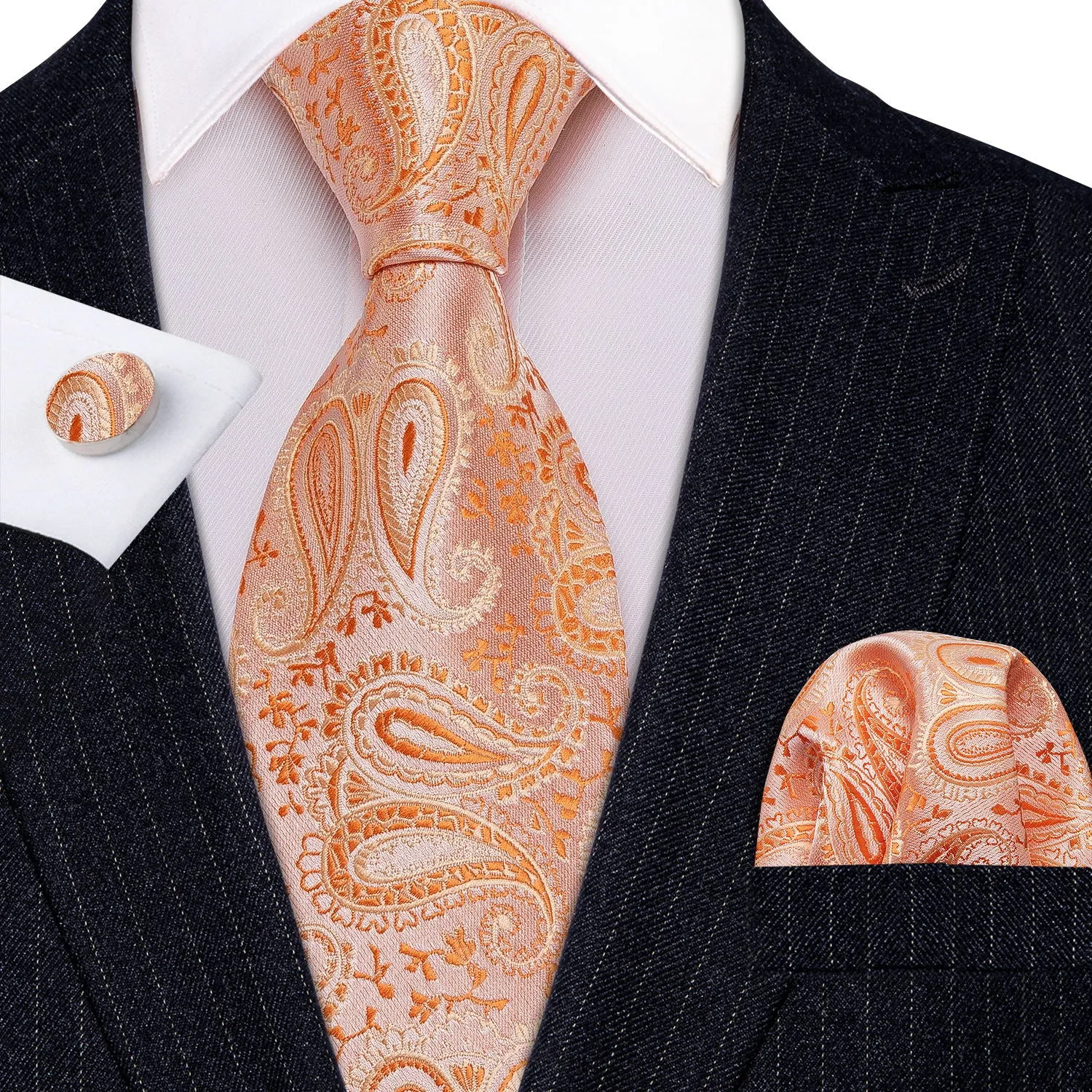 Barry. Wang Light Orange Paisley Silk Men's Tie Pocket Square Cufflinks Set sold by Barrywang product image thumbnail 2