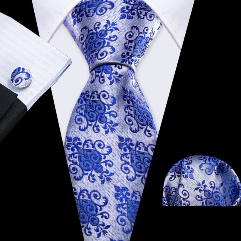 Barry Wang Blue Silver Floral Silk Men's Necktie Hanky Cufflinks Set sold by Barrywang