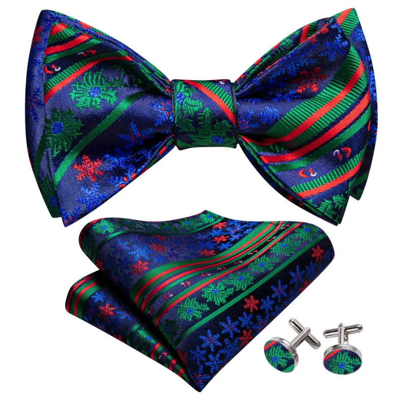 Barry Wang Christmas Blue Green Snowflake Self Tied Bow Tie Hanky Cufflinks Set sold by Barrywang