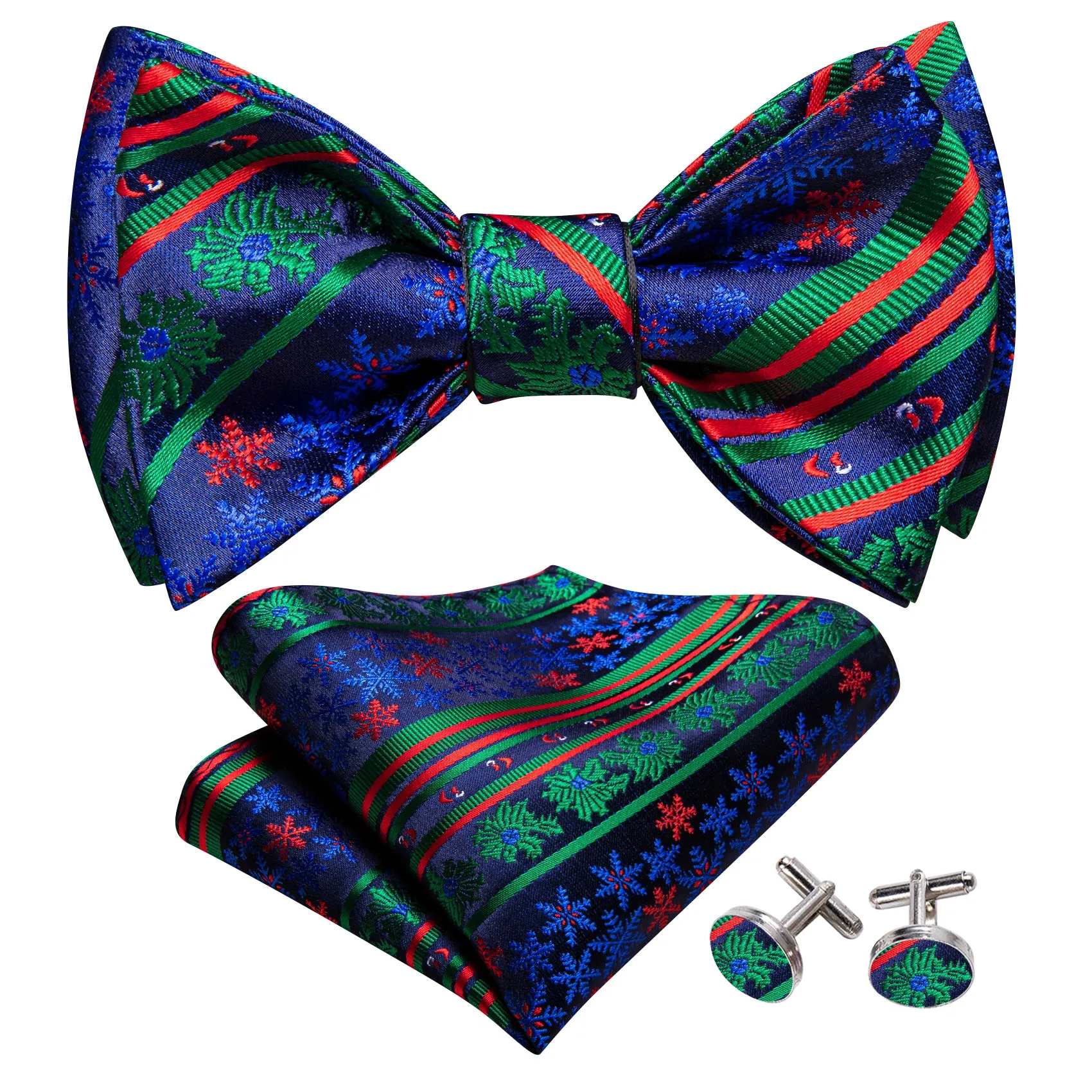 Barry Wang Christmas Blue Green Snowflake Self Tied Bow Tie Hanky Cufflinks Set sold by Barrywang