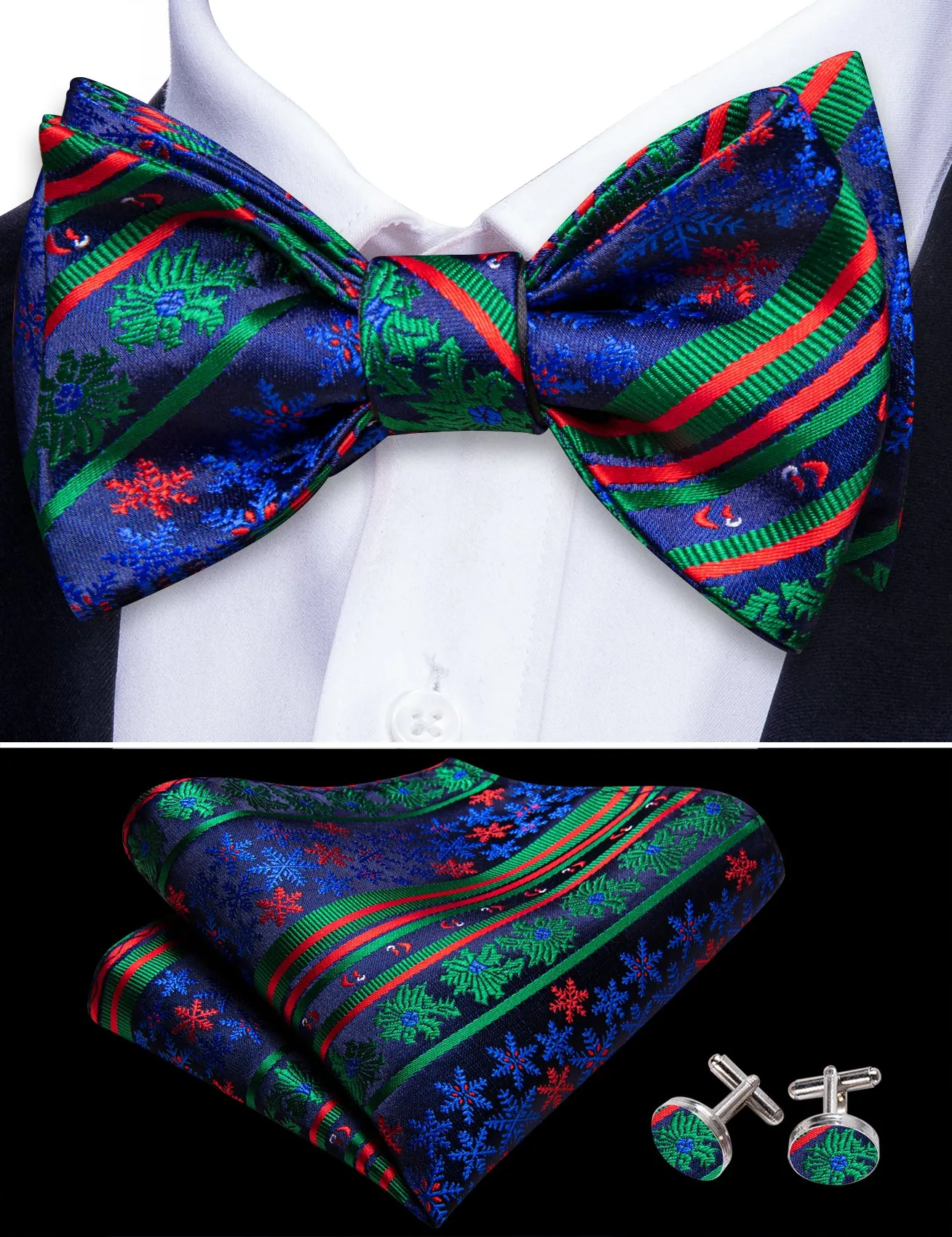 Barry Wang Christmas Blue Green Snowflake Self Tied Bow Tie Hanky Cufflinks Set sold by Barrywang product image thumbnail 4