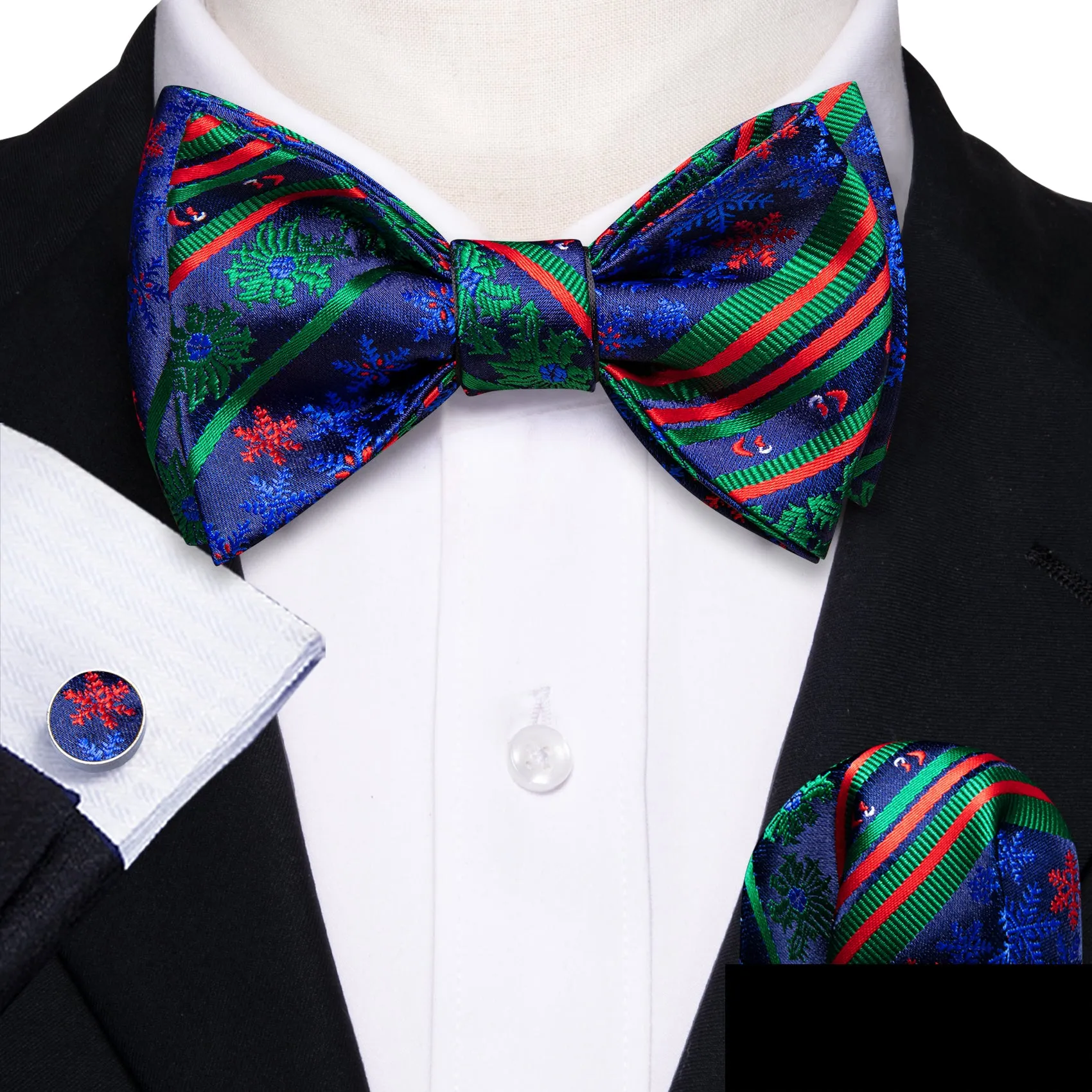 Barry Wang Christmas Blue Green Snowflake Self Tied Bow Tie Hanky Cufflinks Set sold by Barrywang product image thumbnail 2