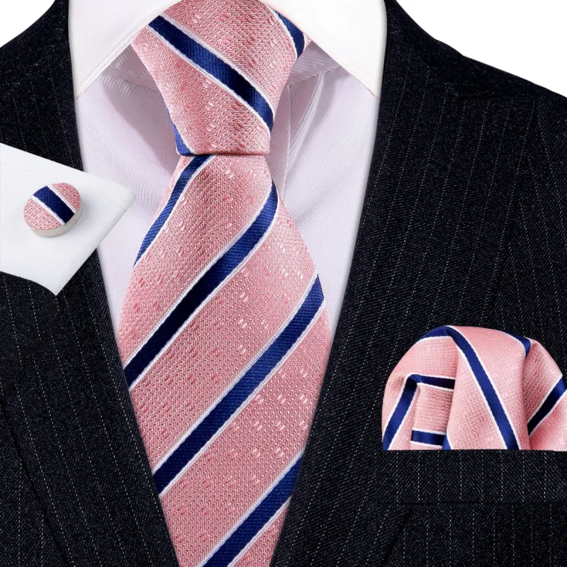 Barry. Wang Coral Pink Necktie Blue Stripes Men's Silk Wedding Tie Set sold by Barrywang