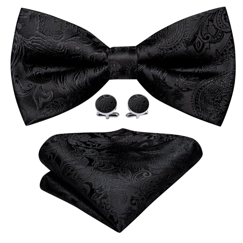 Barry. Wang Neck Tie Black Paisley Pre-tied Bow Tie Hanky Cufflinks Set sold by Barrywang