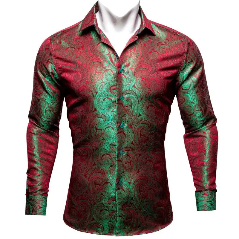 Barry. Wang Button Down Shirt Green Red Silk Paisley Men's Shirt sold by Barrywang