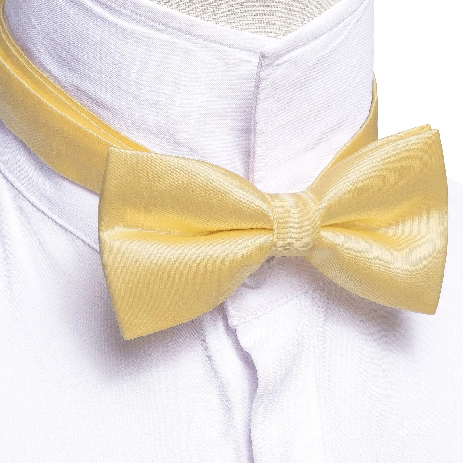 Pale Yellow Solid Silk Pre Tied Bow Tie Hanky Cufflinks Set sold by Barrywang product image thumbnail 5