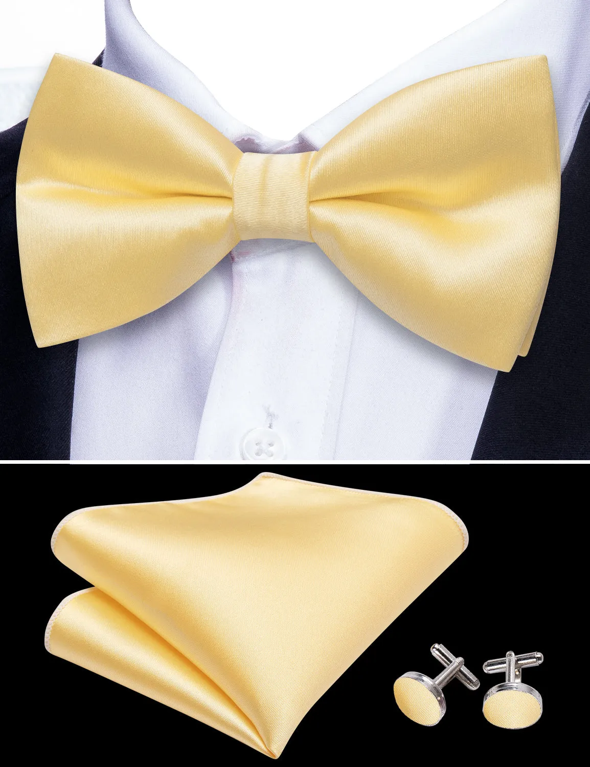 Pale Yellow Solid Silk Pre Tied Bow Tie Hanky Cufflinks Set sold by Barrywang product image thumbnail 4