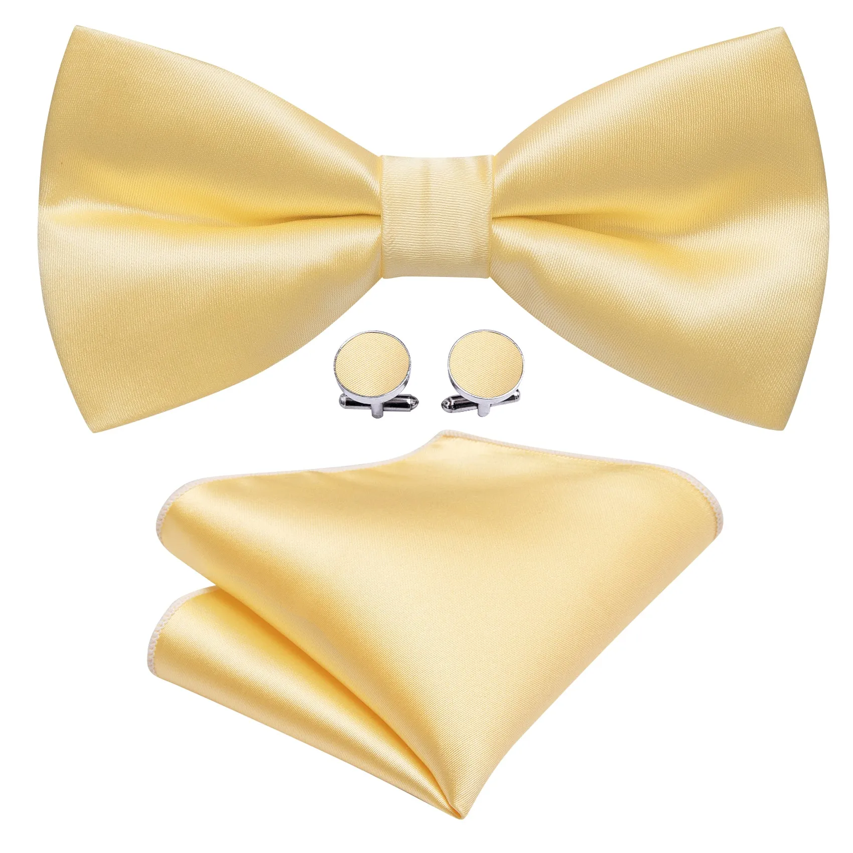 Pale Yellow Solid Silk Pre Tied Bow Tie Hanky Cufflinks Set sold by Barrywang