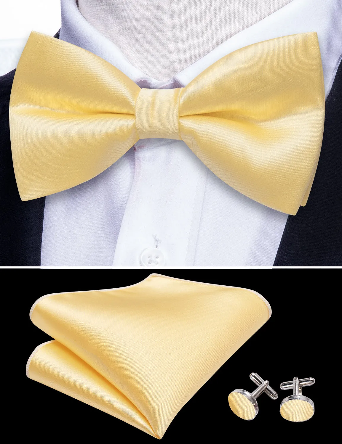 Pale Yellow Solid Silk Pre Tied Bow Tie Hanky Cufflinks Set sold by Barrywang product image thumbnail 3