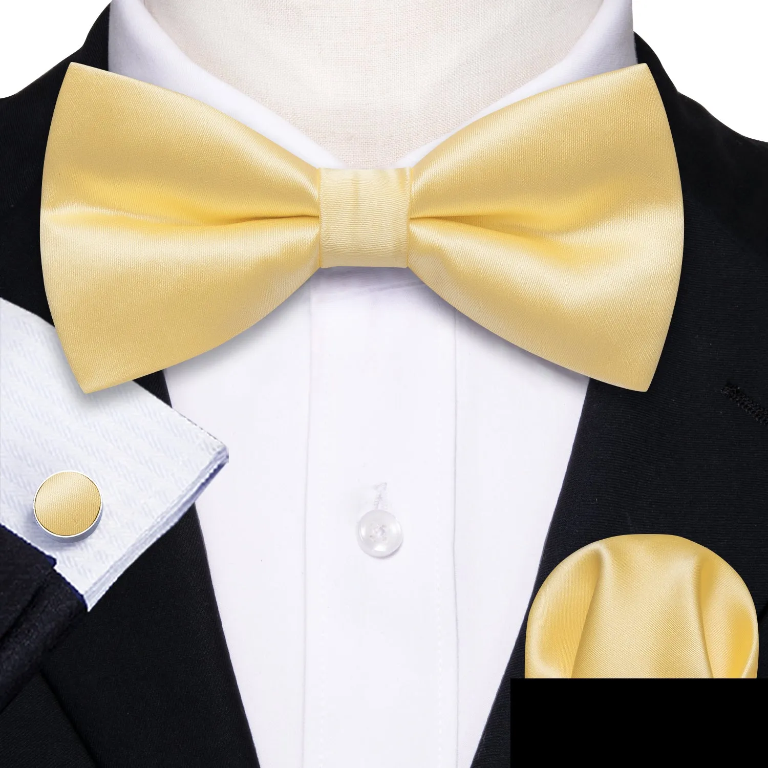 Pale Yellow Solid Silk Pre Tied Bow Tie Hanky Cufflinks Set sold by Barrywang product image thumbnail 2