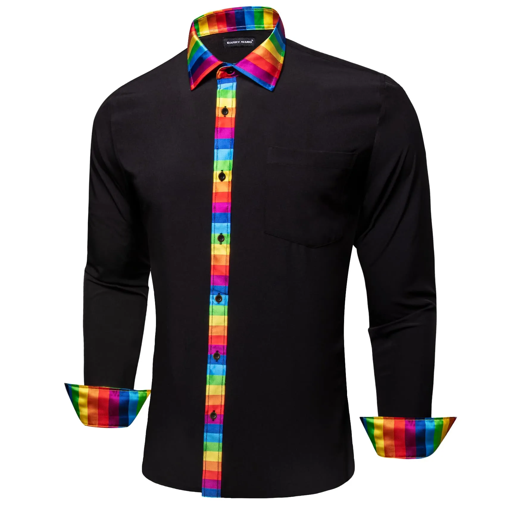 Barry. Wang Black Silk Shirt Splicing Rainbow Color Collar Cuffs Shirt sold by Barrywang product image thumbnail 5